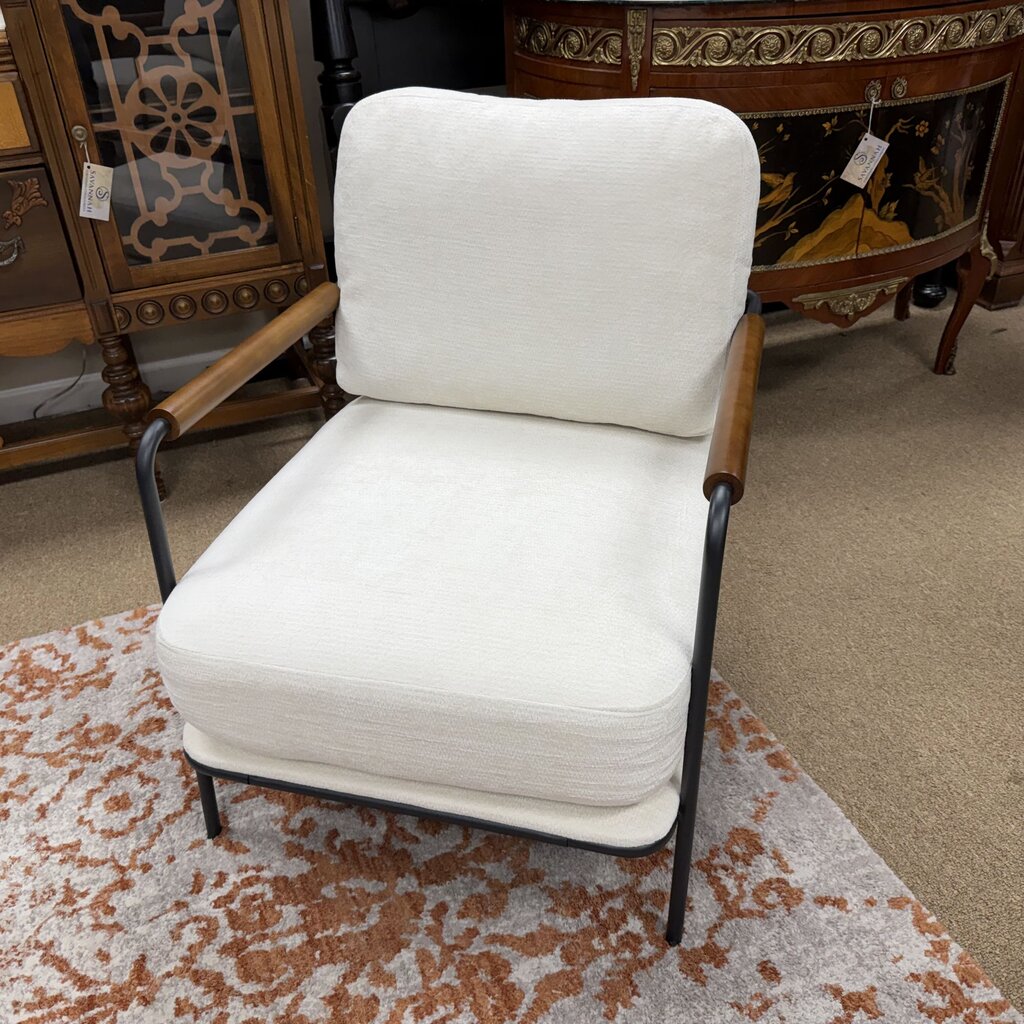 Pair Creme Chenille Metal Framed Accent Chairs