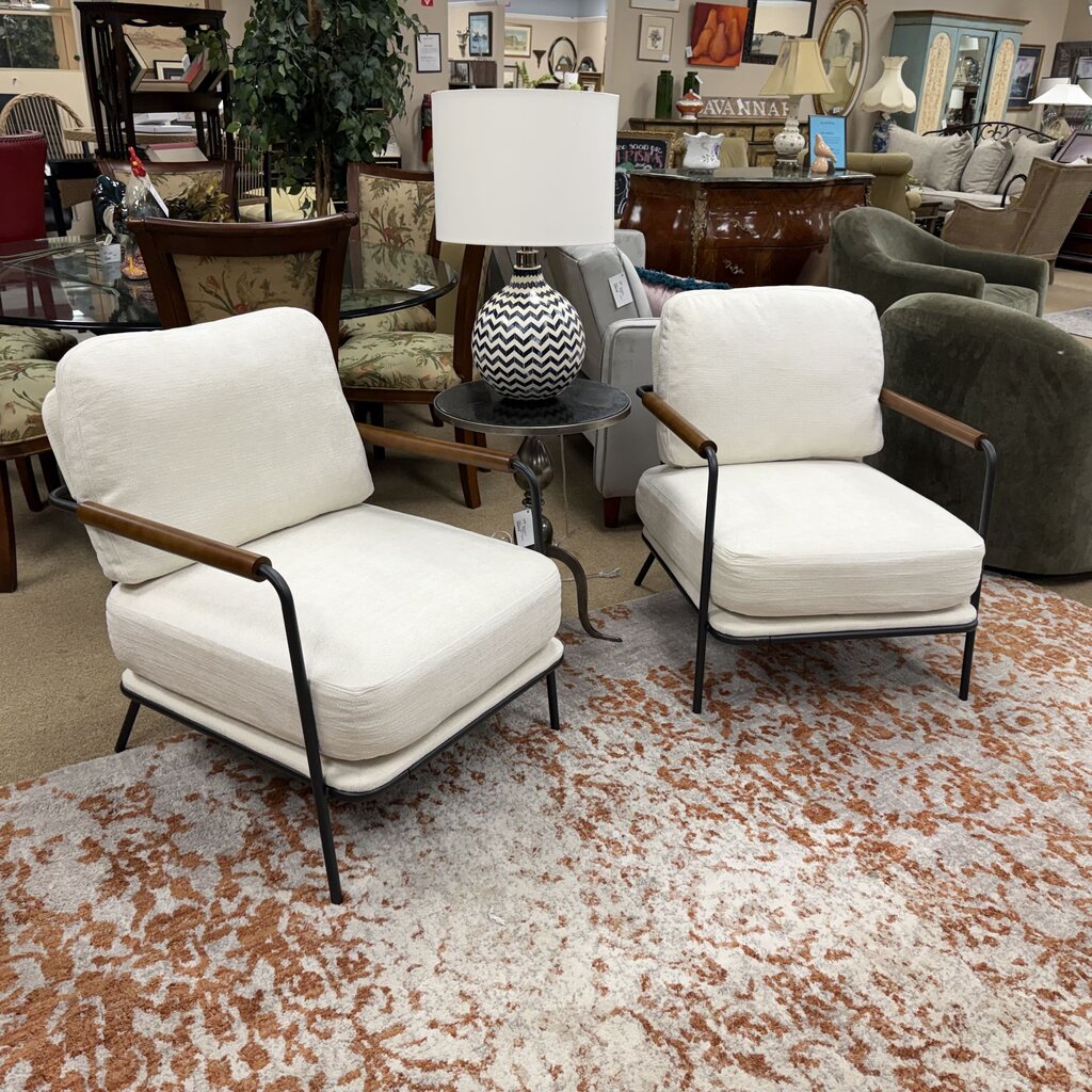 Pair Creme Chenille Metal Framed Accent Chairs