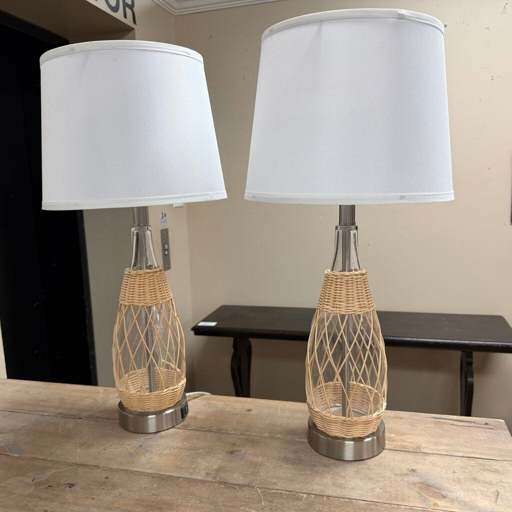 Pair Wicker Wrapped Glass Lamps w/USB Plugs