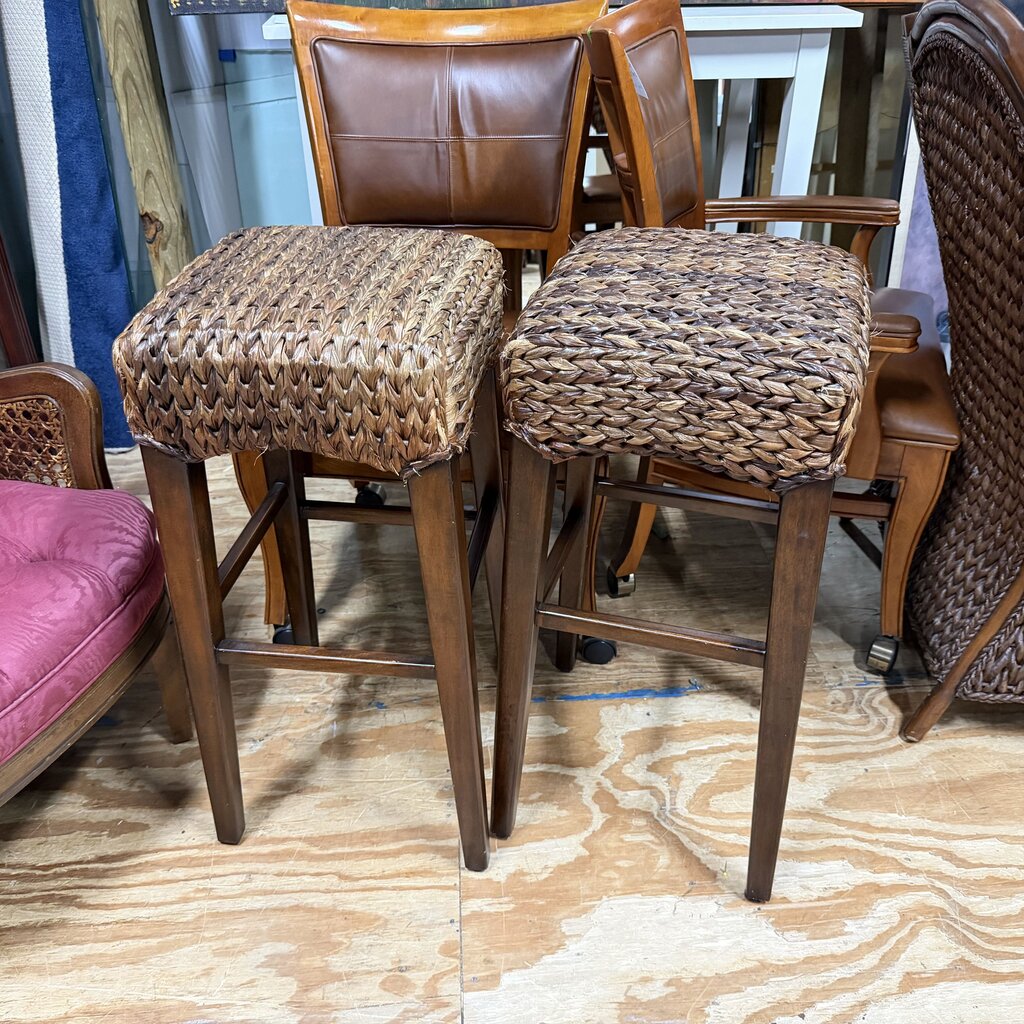 Pair Woven Seat Backless Bar Stools