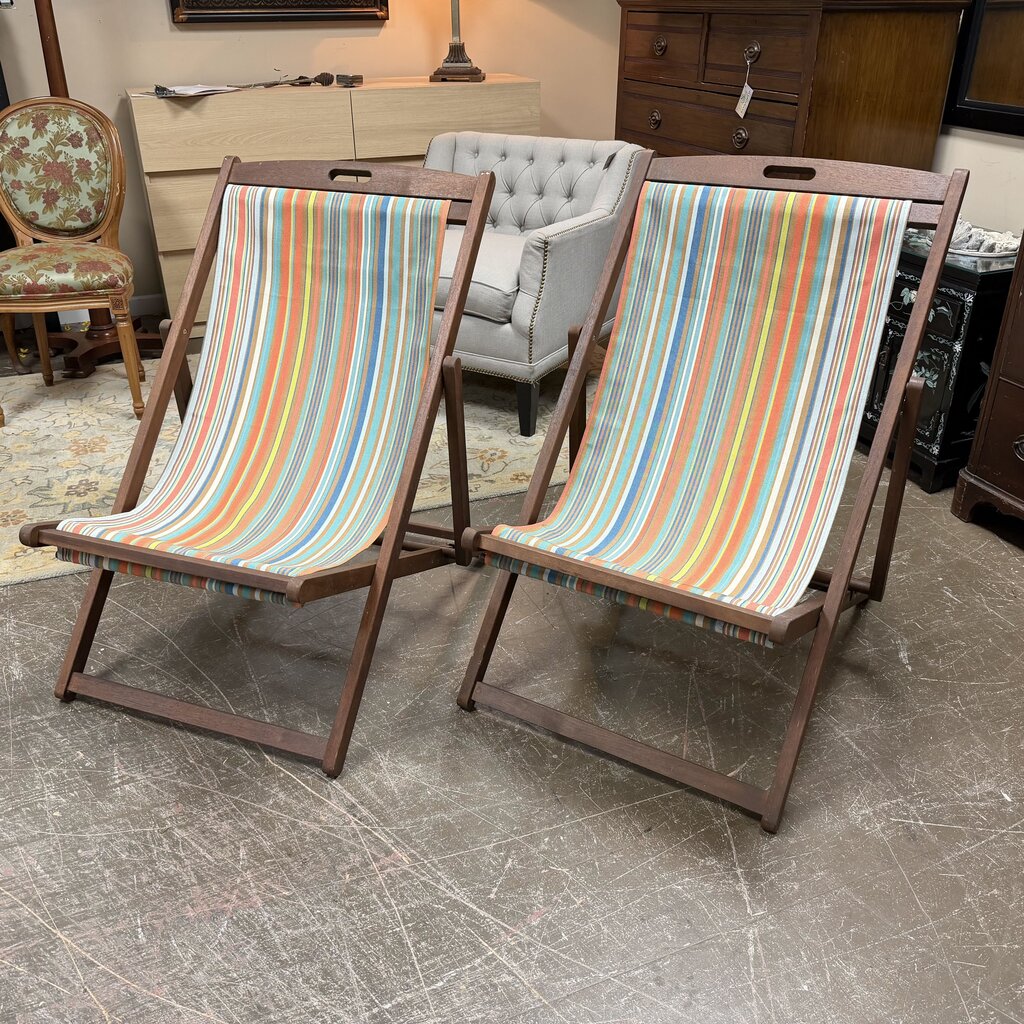 Pair Vintage Wood Sling Chairs