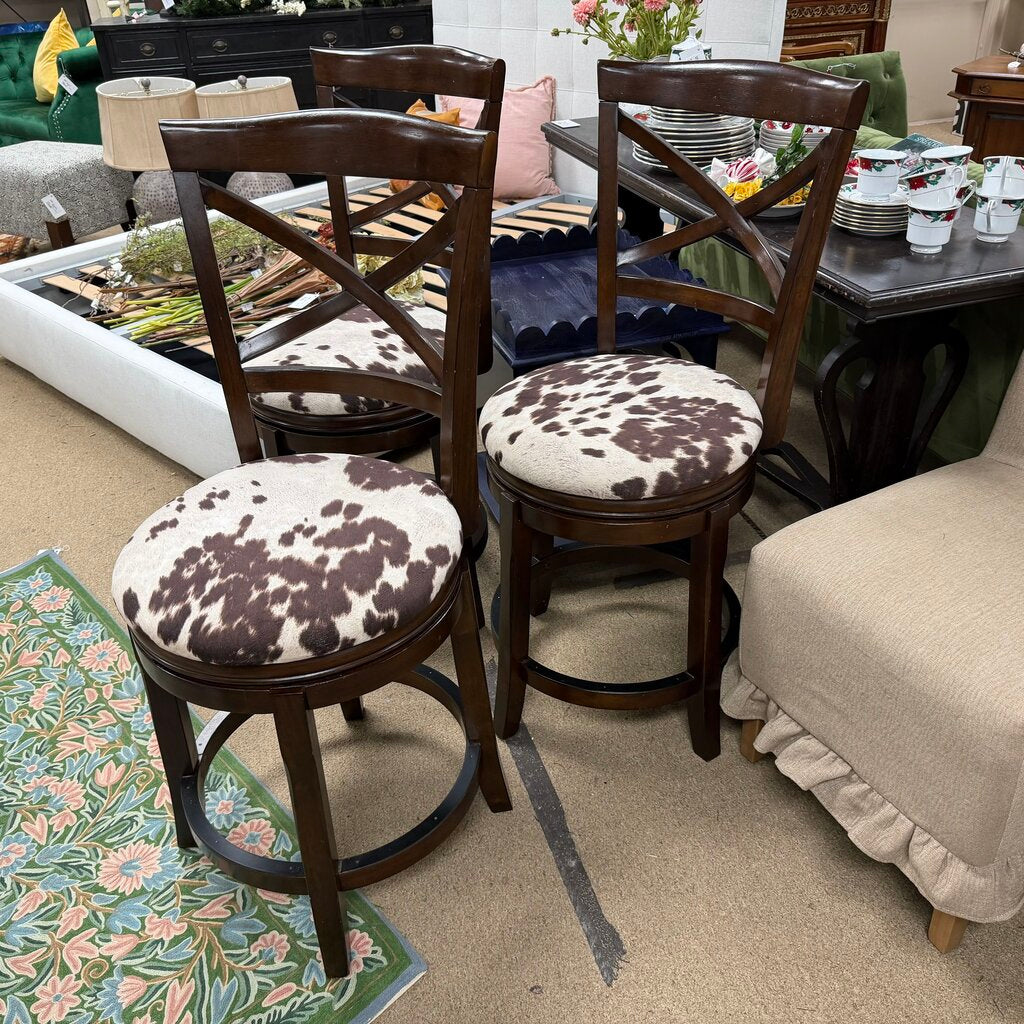 Set/3 Cowhide Print Swivel Bar Stools