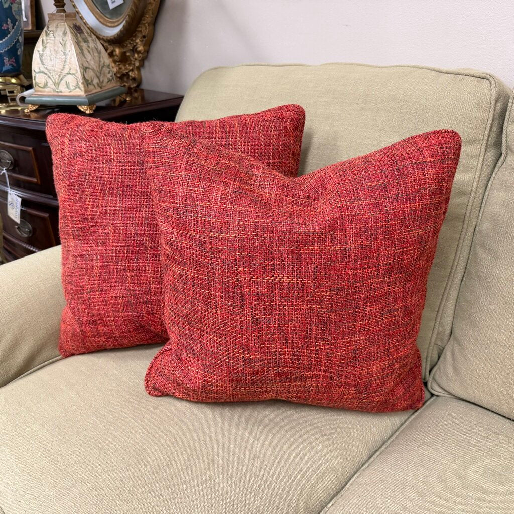 Pair Orange Tweed Down Filled Pillows