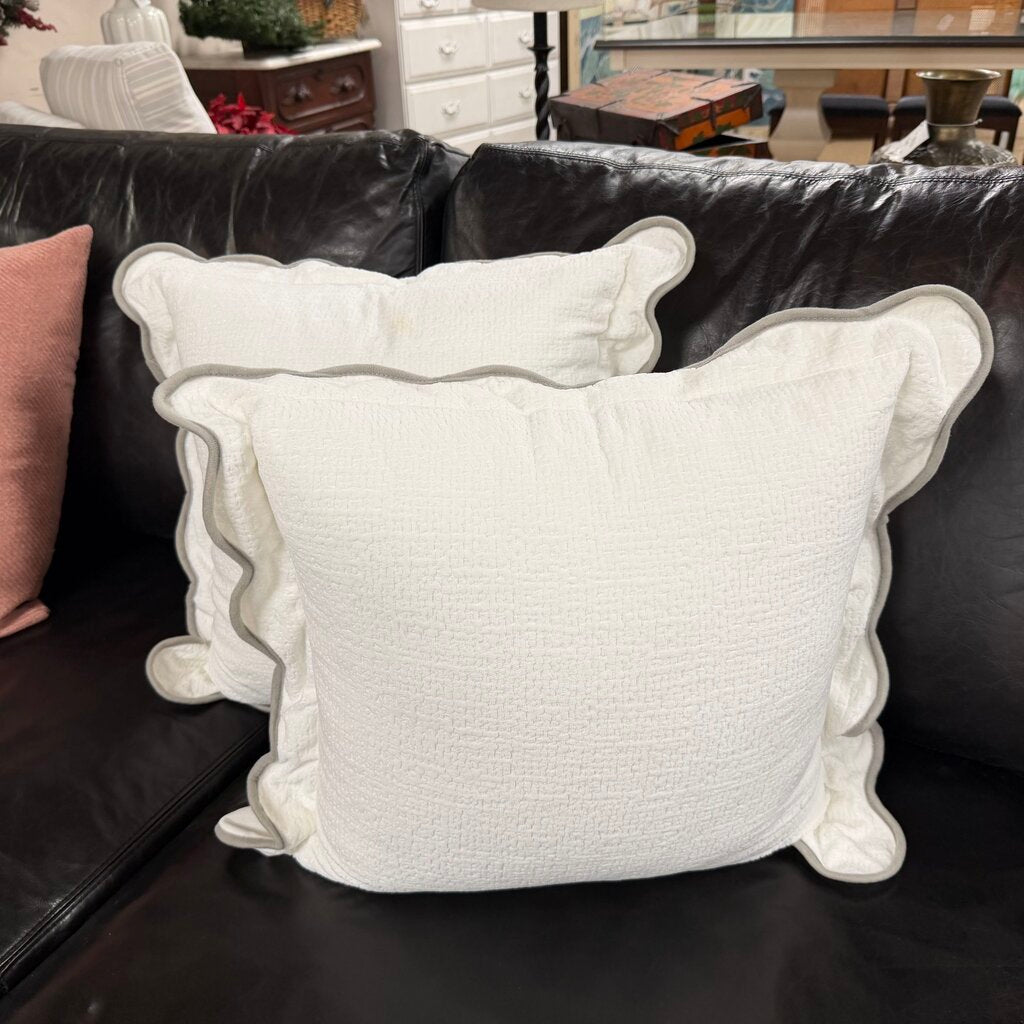Pair White Textured Velvet Ruffle Edge Pillows