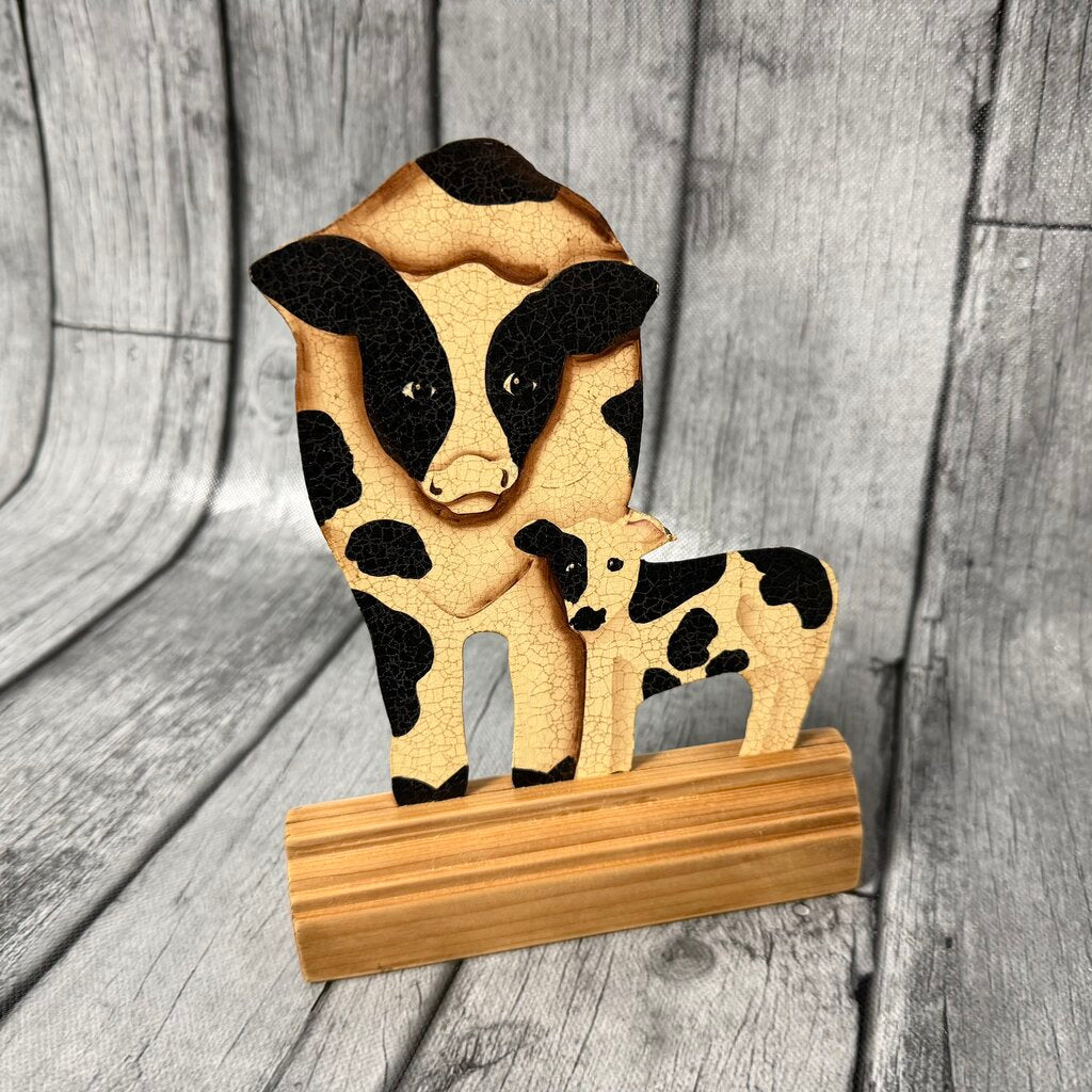 Vintage Folk Art Style Painted Tin Cow and Calf Silhouette on Wood Base