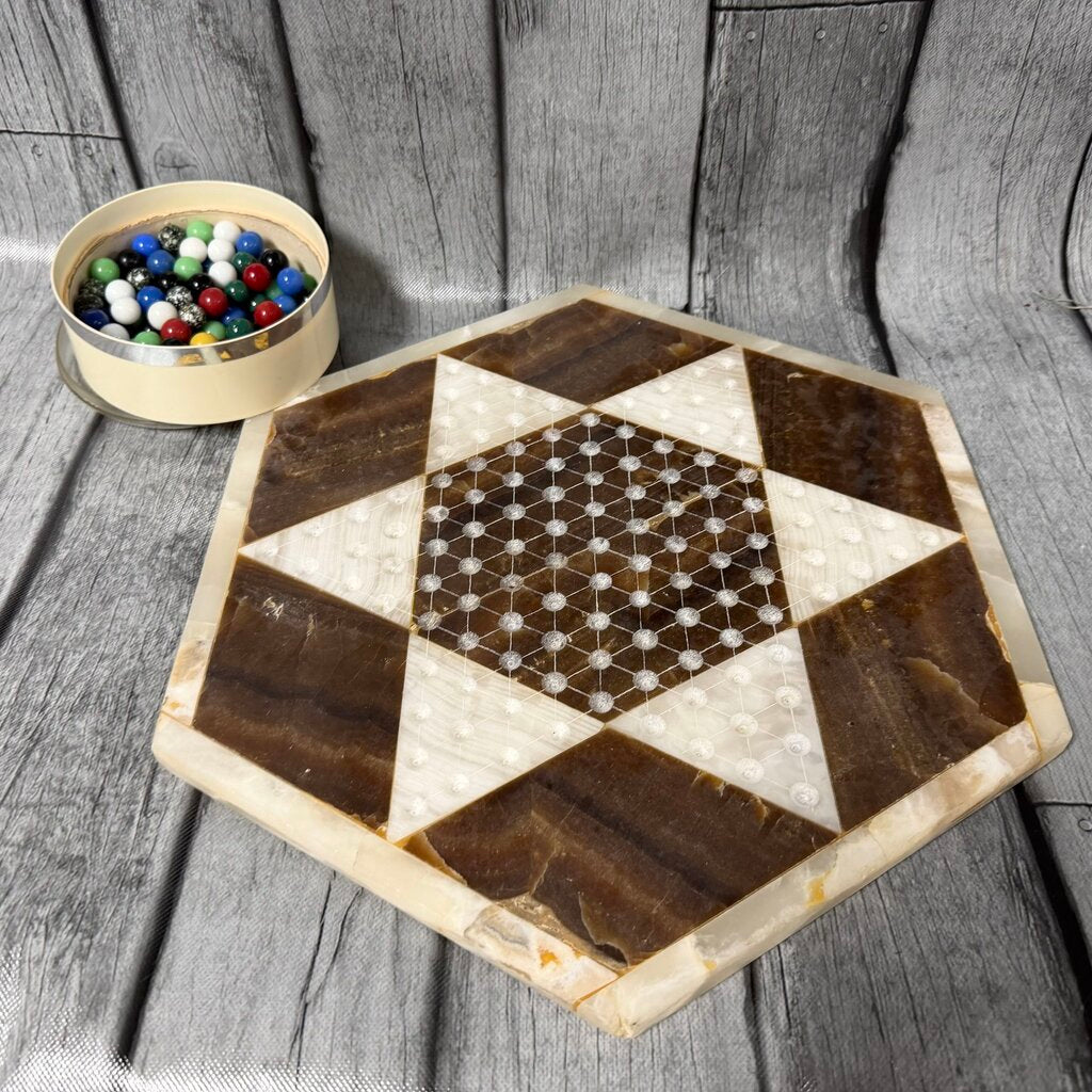 Vintage Chinese Checkers Board Crafted from Polished Stone w/Game Pieces