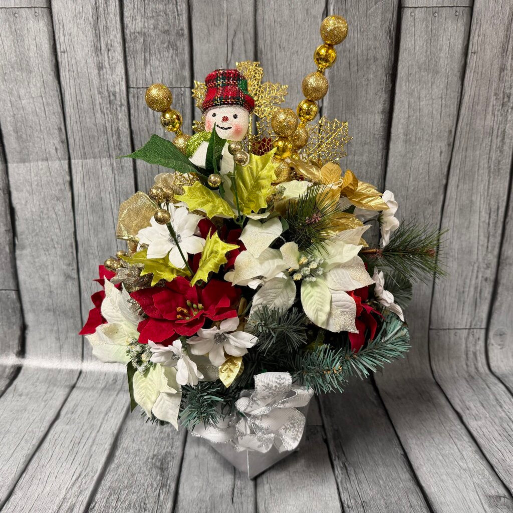 Poinsettia + Snowman Floral Arrangement