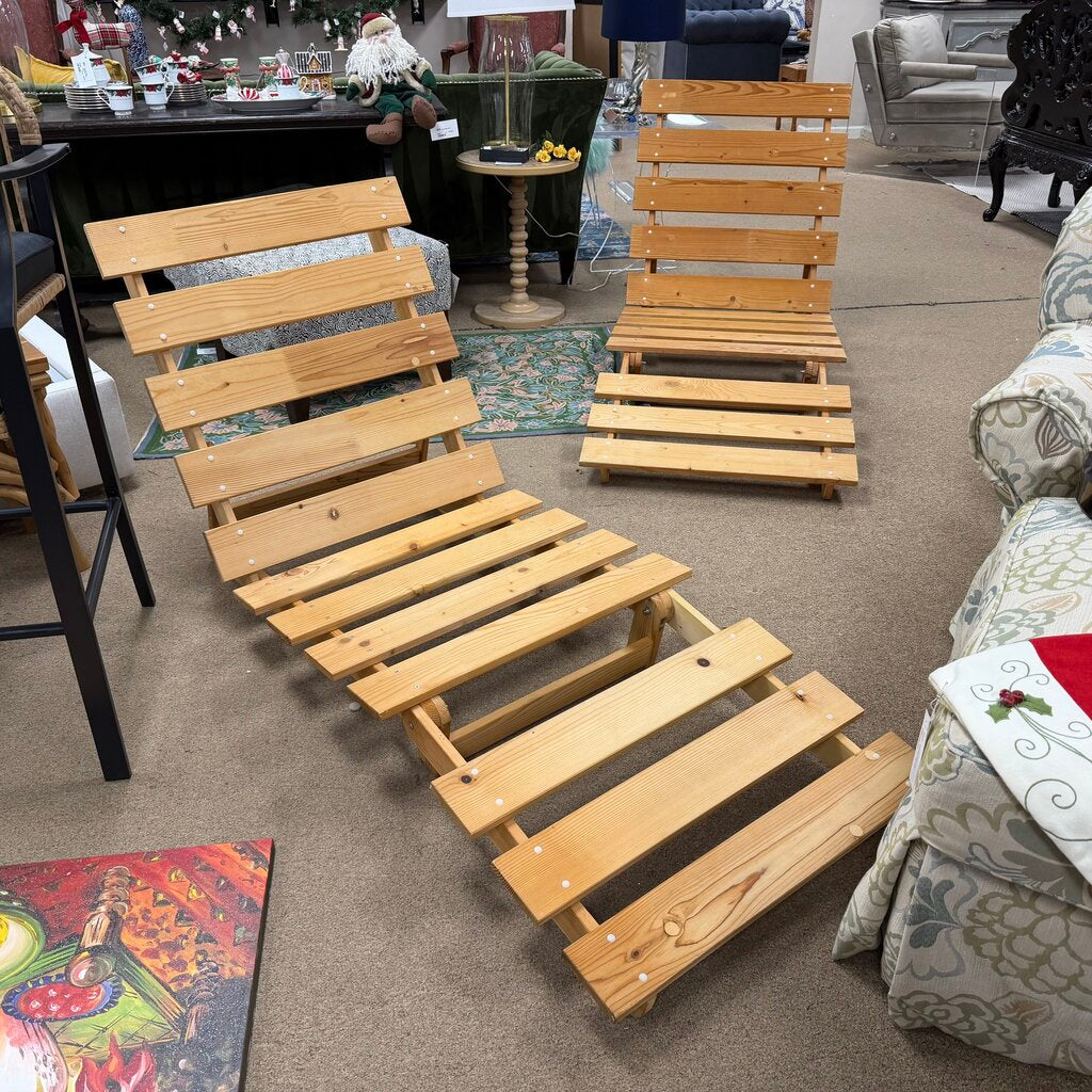 Pair Wood Slat Low Loung Chairs/Beach Loungers