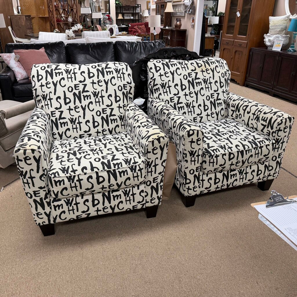Pair Grafitti Print Accent Chairs (beige slipcovers included)