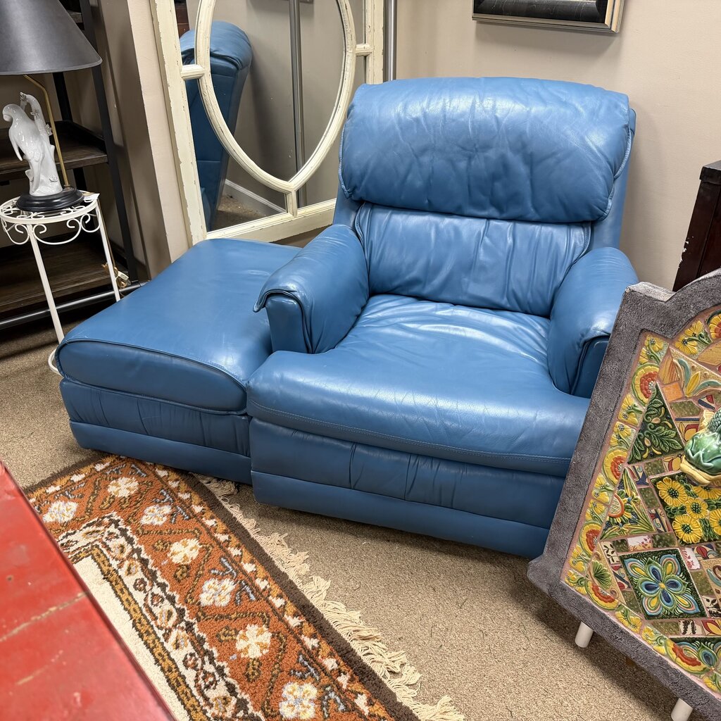 Blue Leather Chair + Ottoman