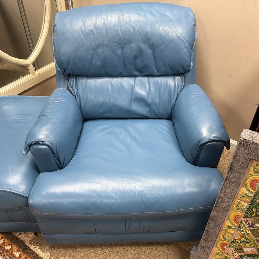 Blue Leather Chair + Ottoman