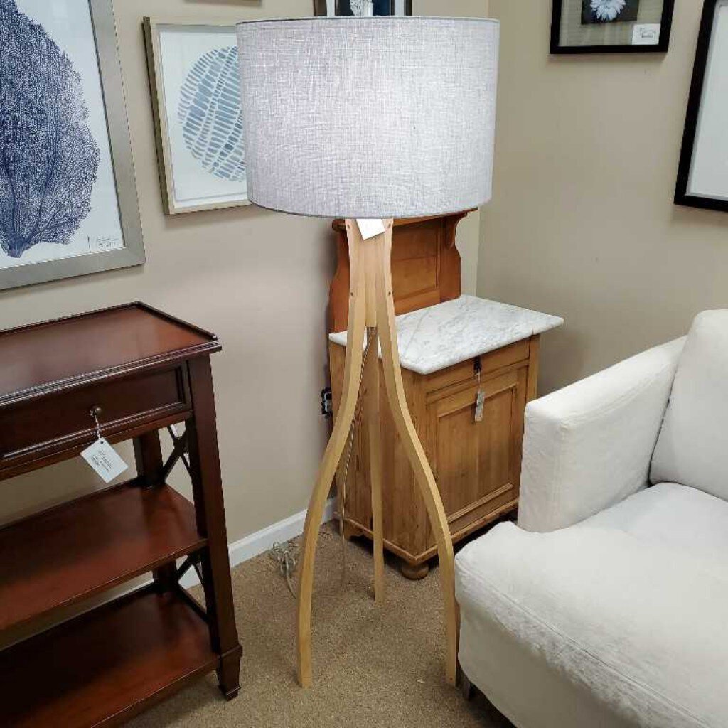 Natural wood grey shade floor lamp