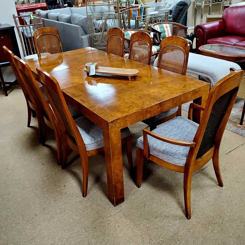Burled Wood Dining Table + 8 Chairs + Leaf