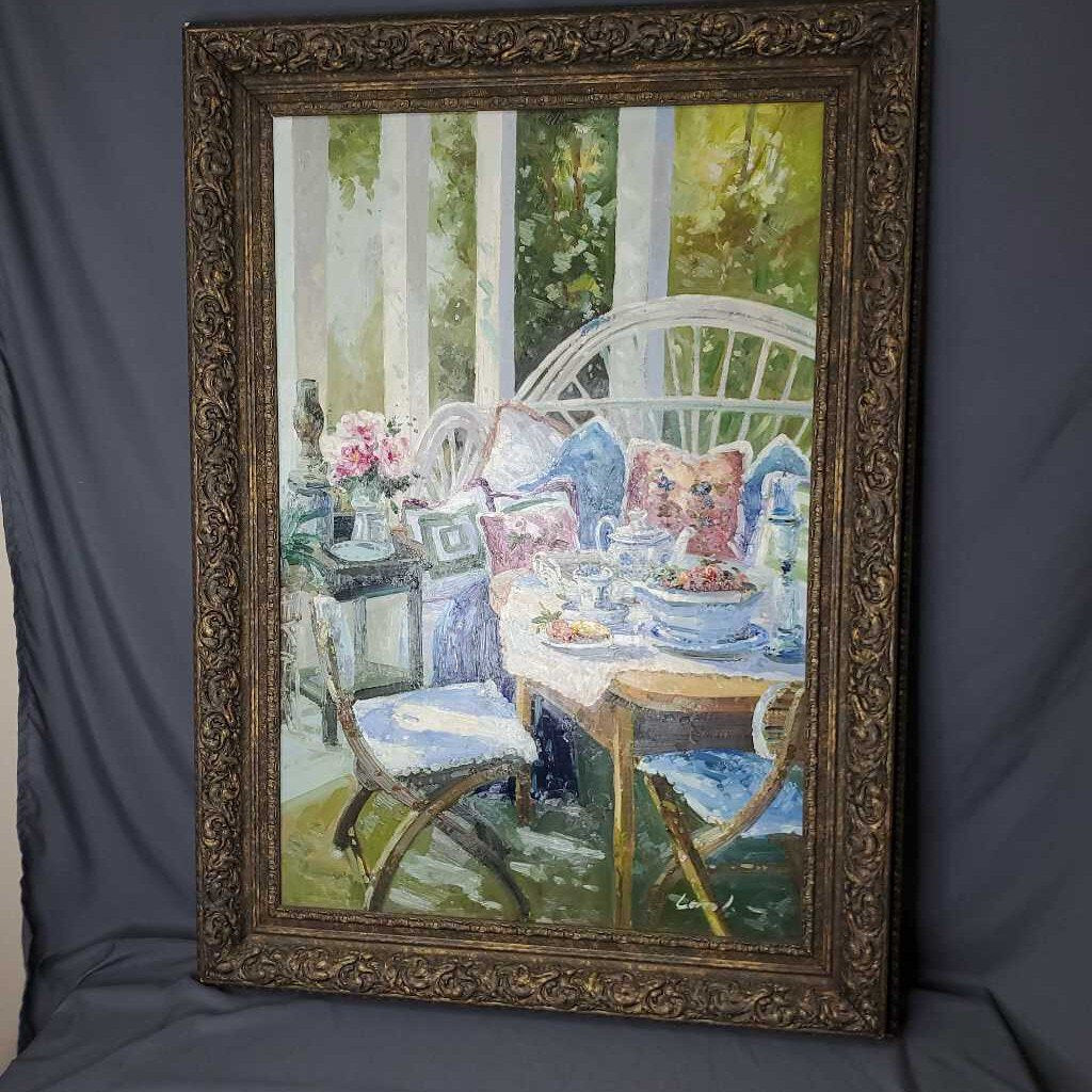 Framed front porch scene painting