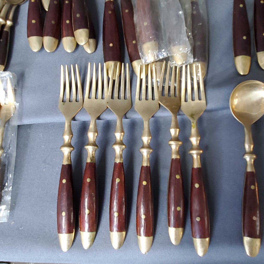 Bronze and wood 61pc Cutlery set