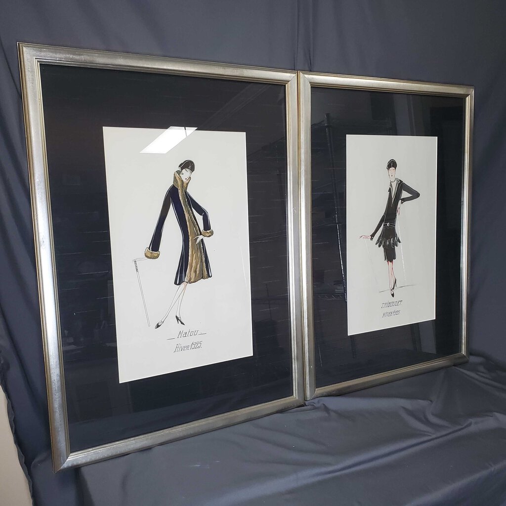 Pair House of Lanvin Gouache Fashion Paintings