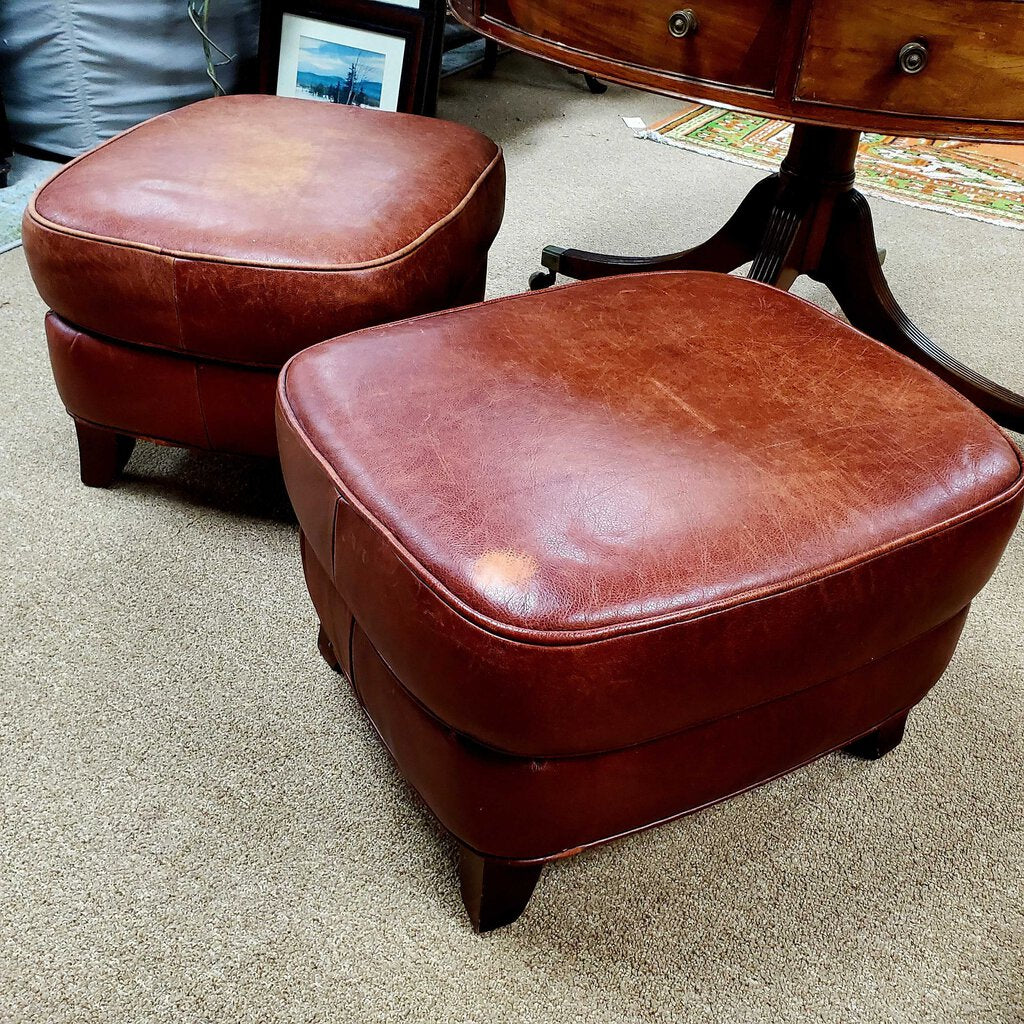 Pair Leather Ottomans