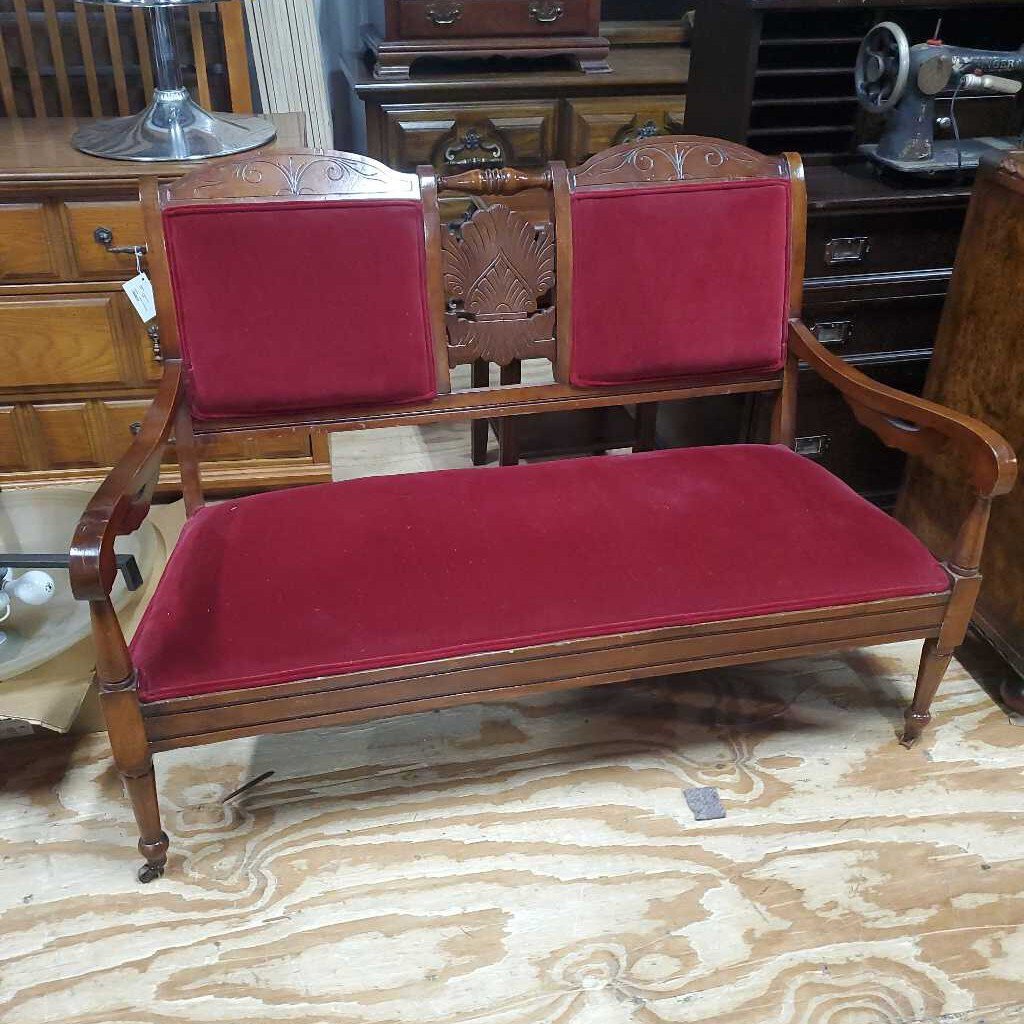 Wood accents velvet sofa bench