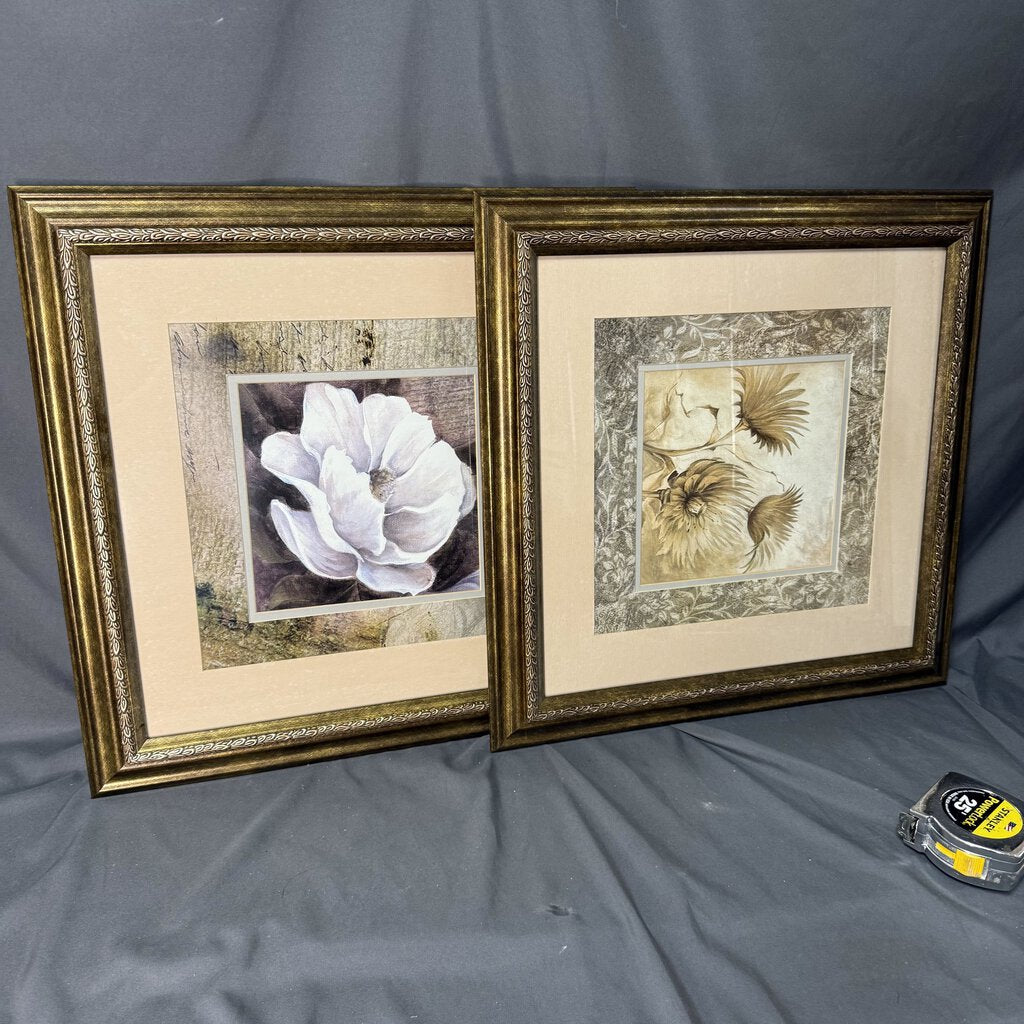 Pair gold framed florals