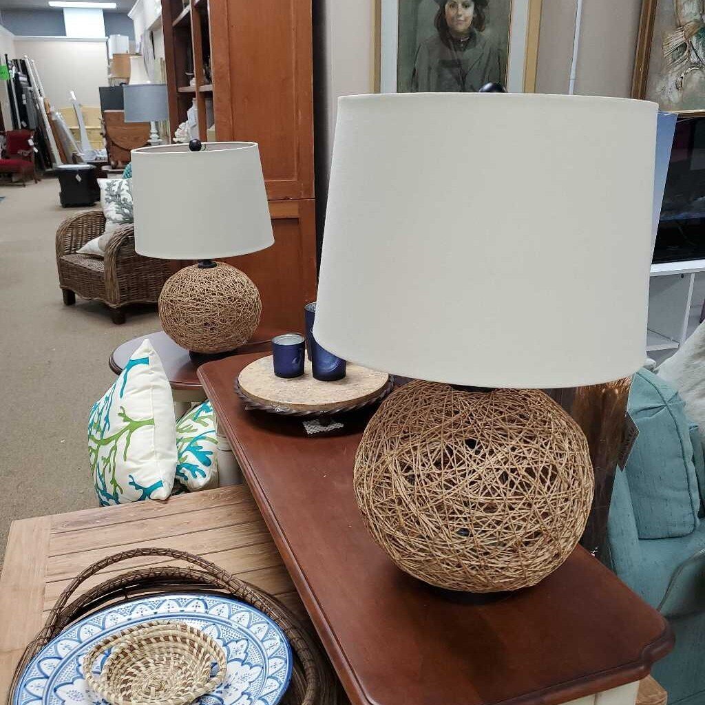 Pair Wicker round lamps
