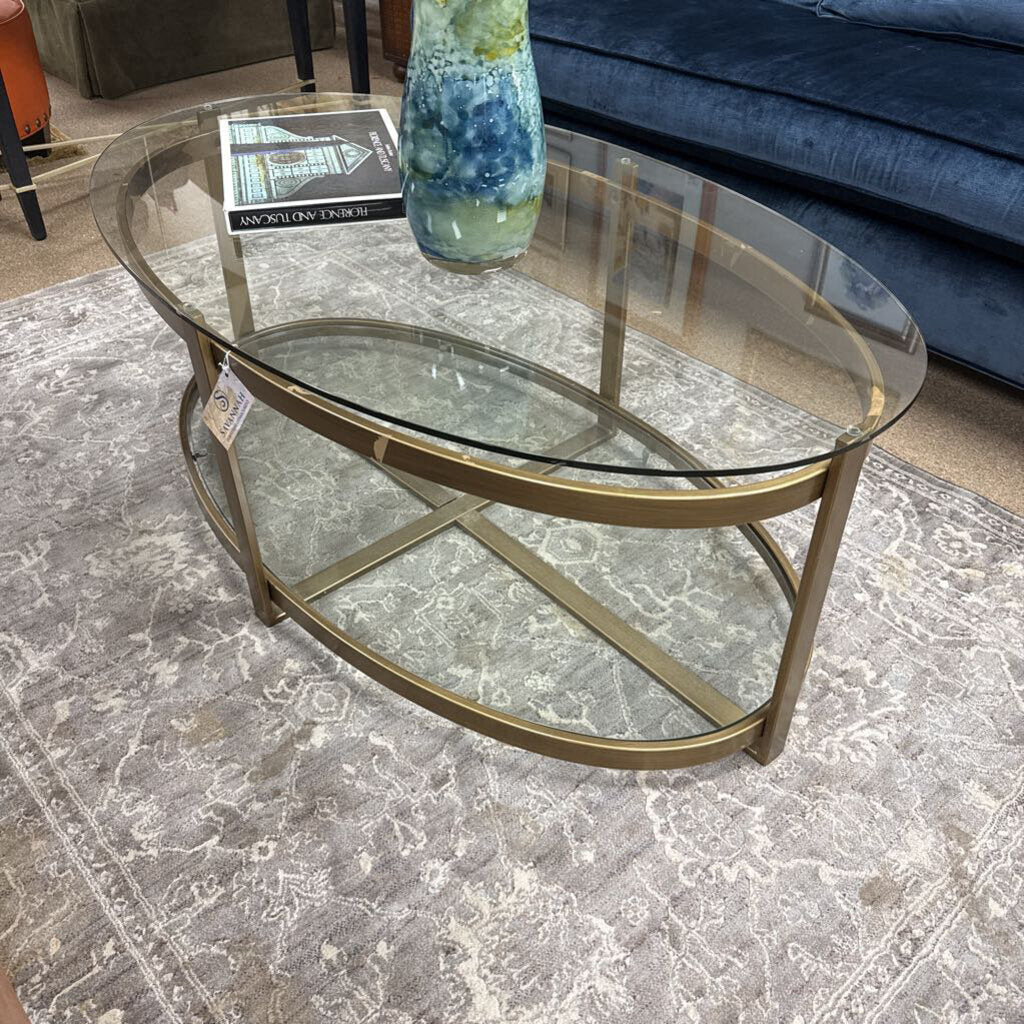 Glass + bronze metal oval coffee