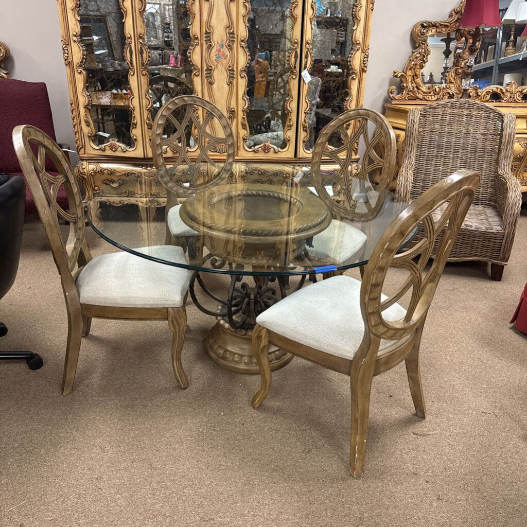 Round glass table + 4 chairs