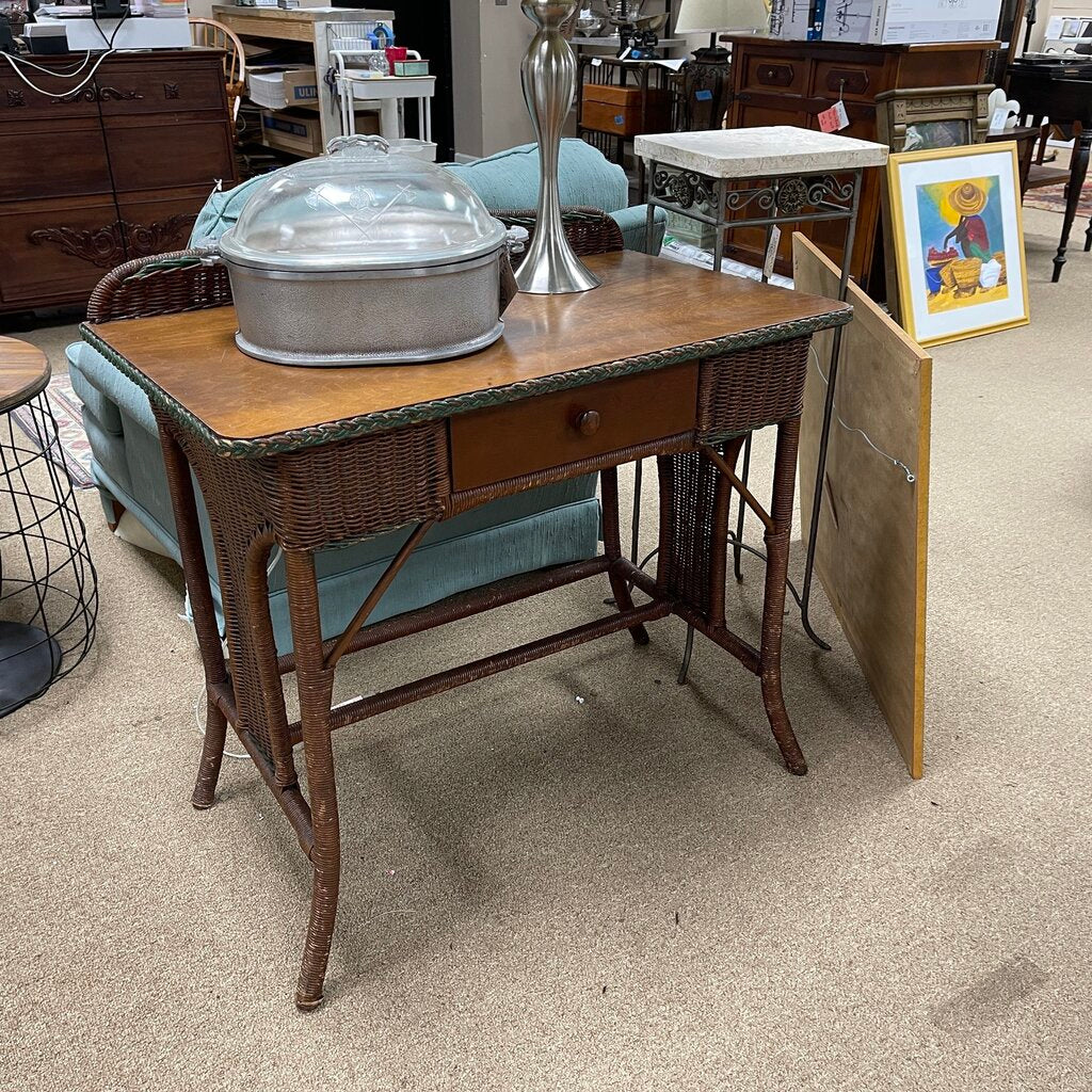 Vintage Wood + Wicker Side Table