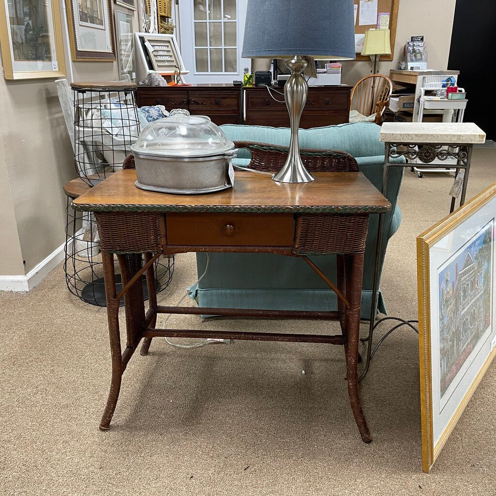 Vintage Wood + Wicker Side Table
