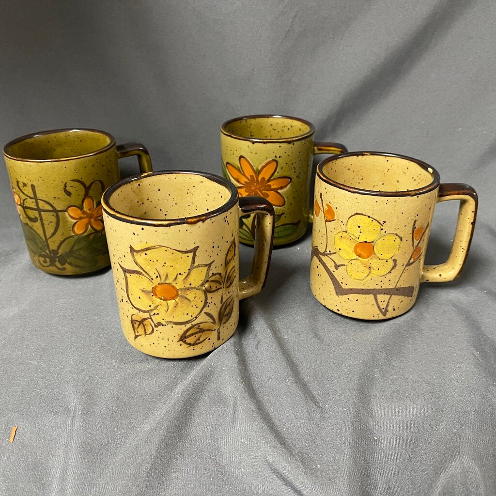Set/4 Mid Century Hand Painted Pottery Coffee Mugs