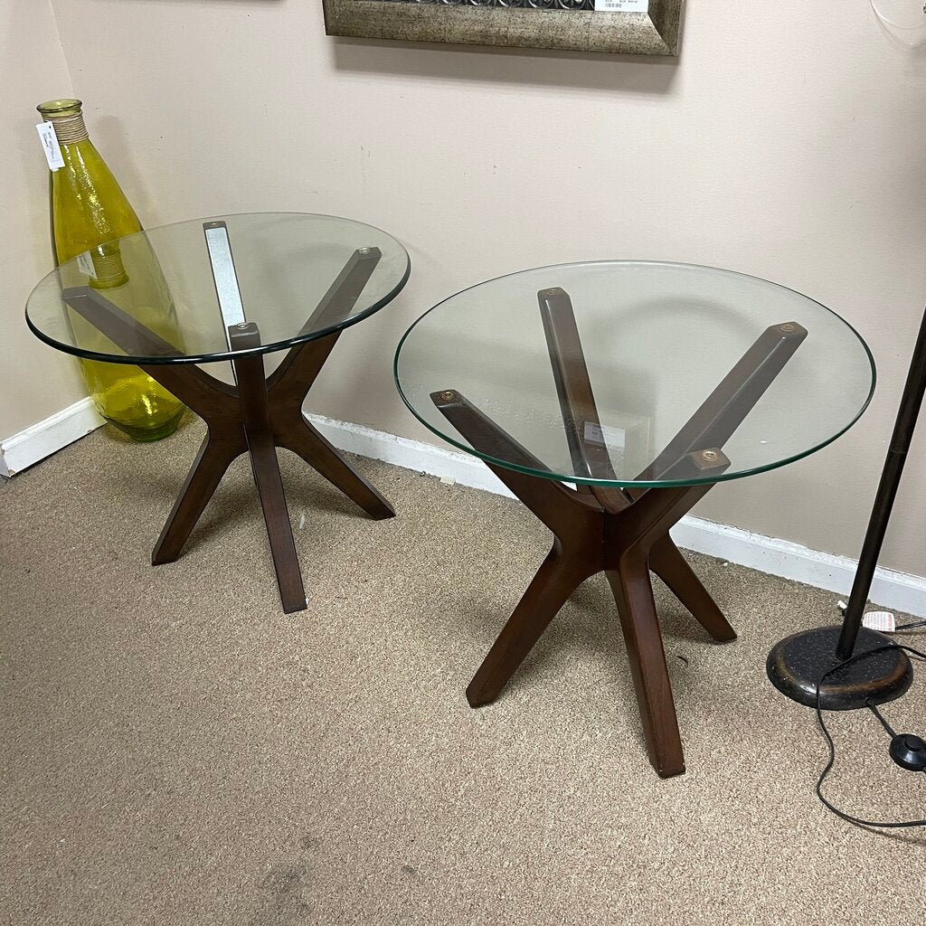 Pair Round Glass Top Side Tables