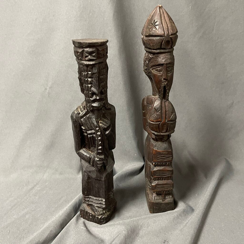 Pair Hand Carved, Signed Wood Figurines
