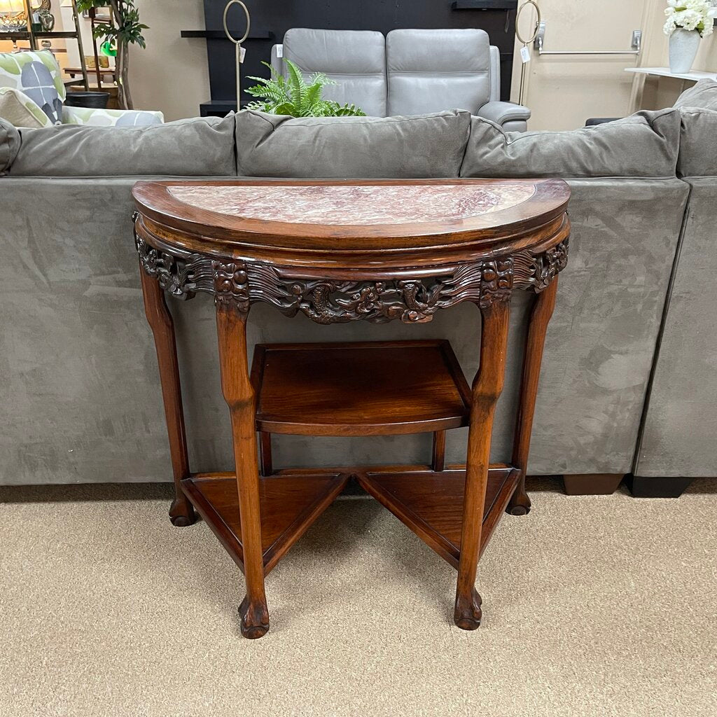 Carved Wood Marble Top Dermilune Table
