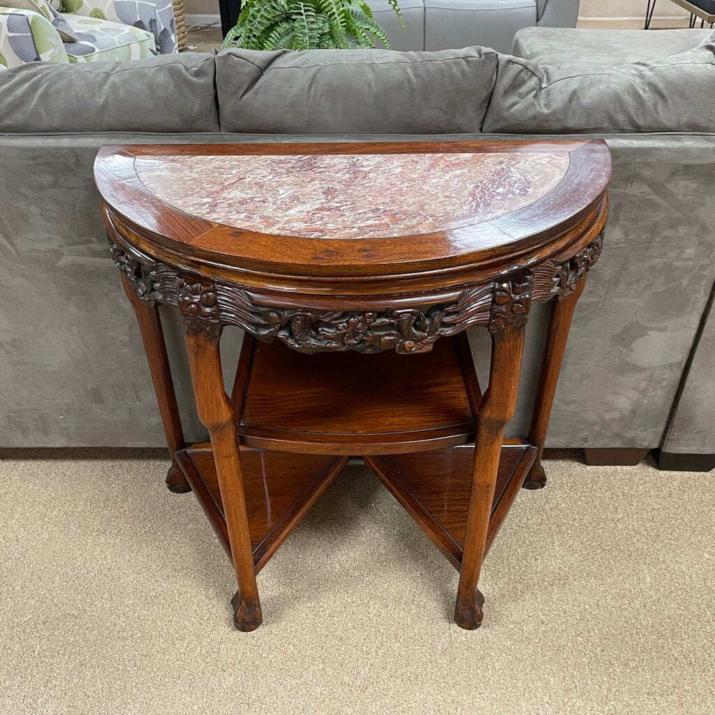 Carved Wood Marble Top Dermilune Table