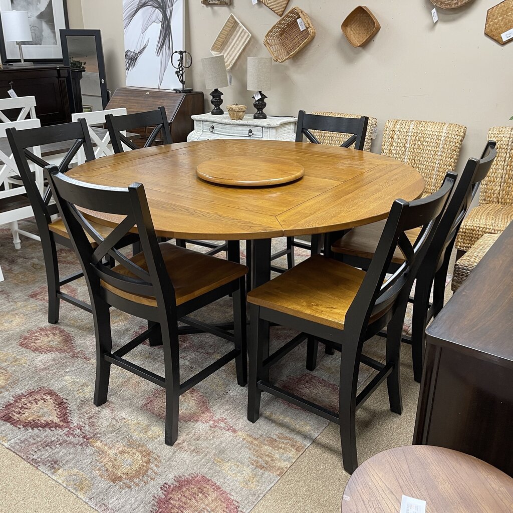 Drop Leaf Pub Table + 6 Chairs + Lazy Susan