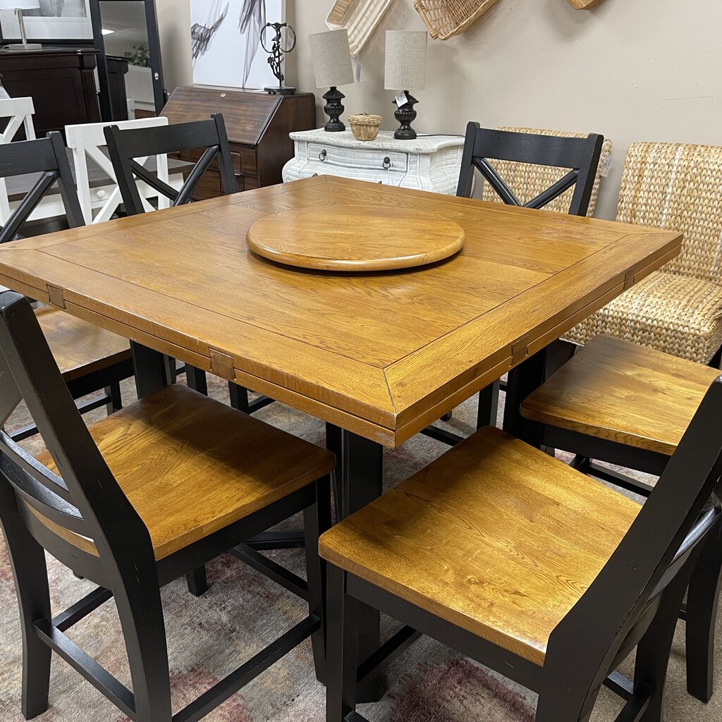 Drop Leaf Pub Table + 6 Chairs + Lazy Susan