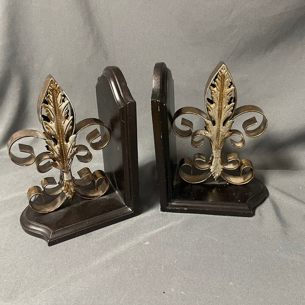 Metal + Wood Fleur de Lis Bookends