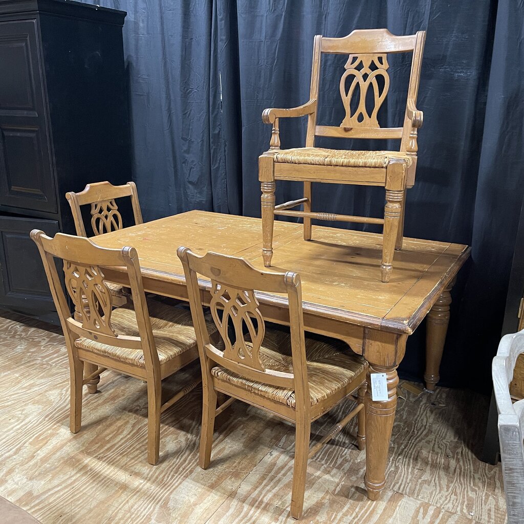 Wood Farm Table + 1-24" Leaf + 4 Chairs