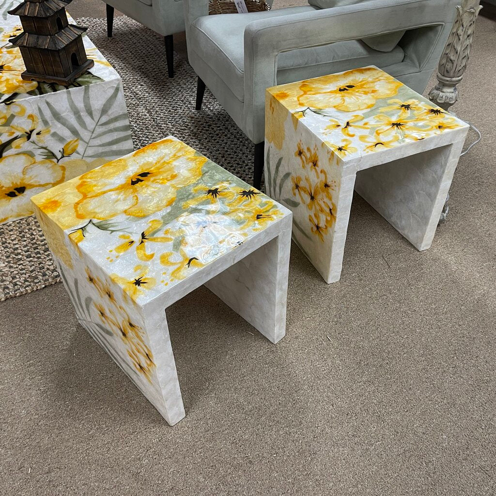 Pair Capiz Shell Floral Side Tables