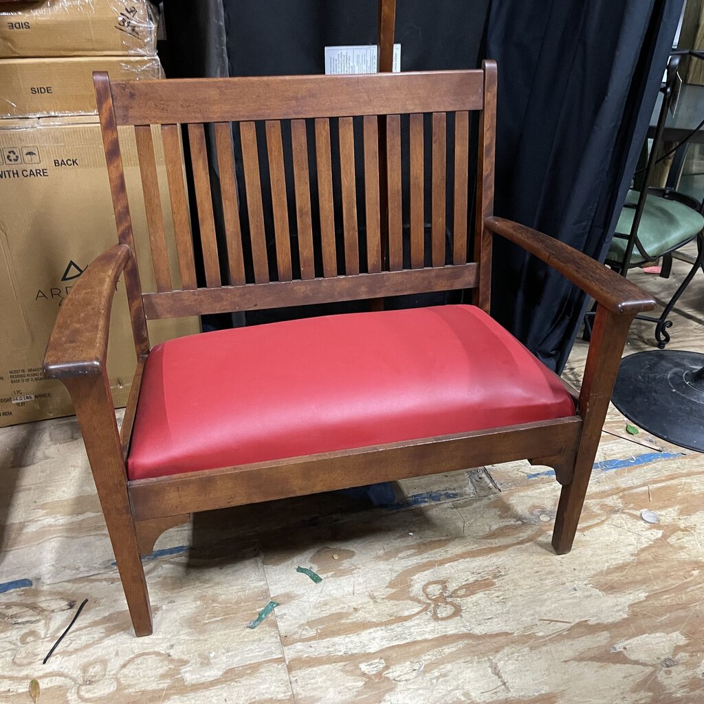Vintage Wood Mission Style Bench w/Leather Cushion