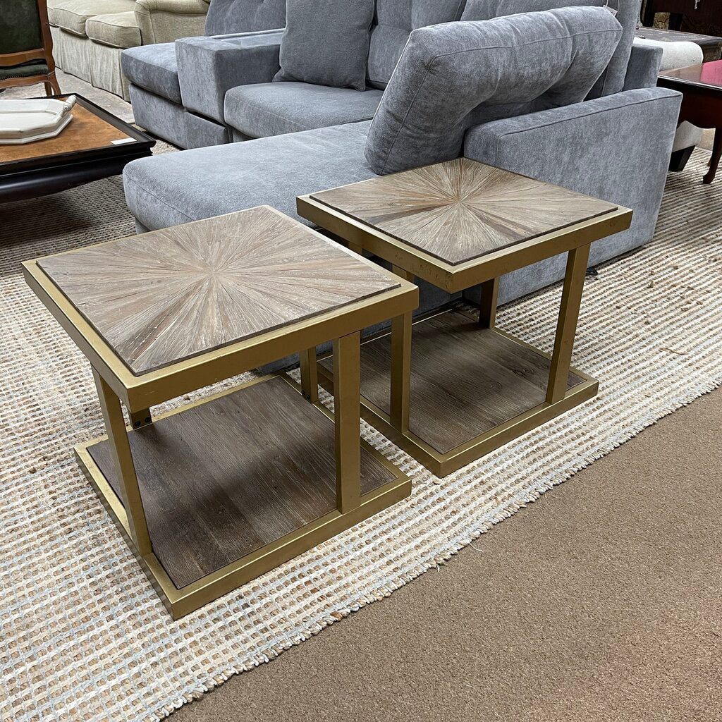Pair Square Wood End Tables w/Gold Frame
