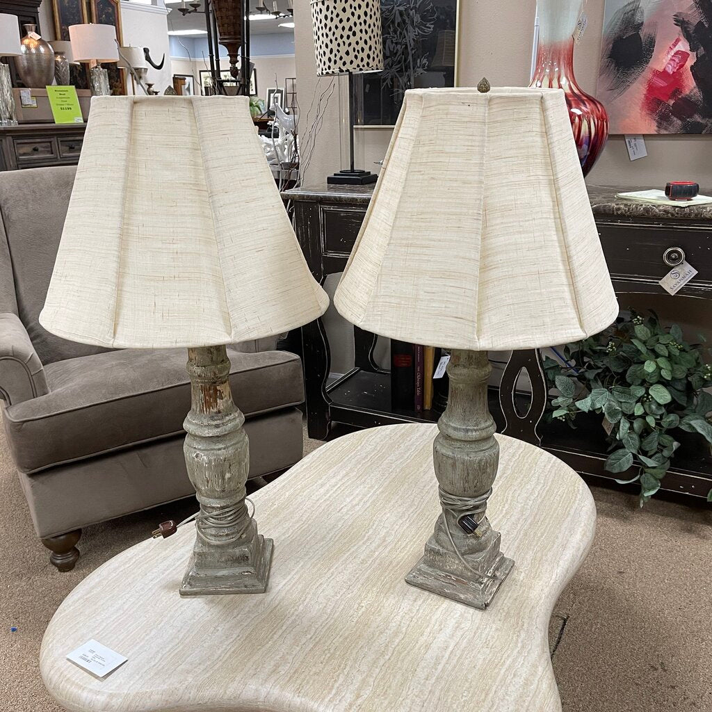 Pair Distressed Spindle Lamps