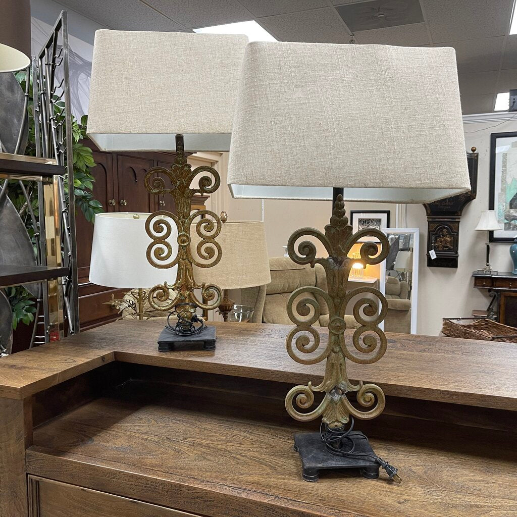 Pair Architectural Ironwork Lamps