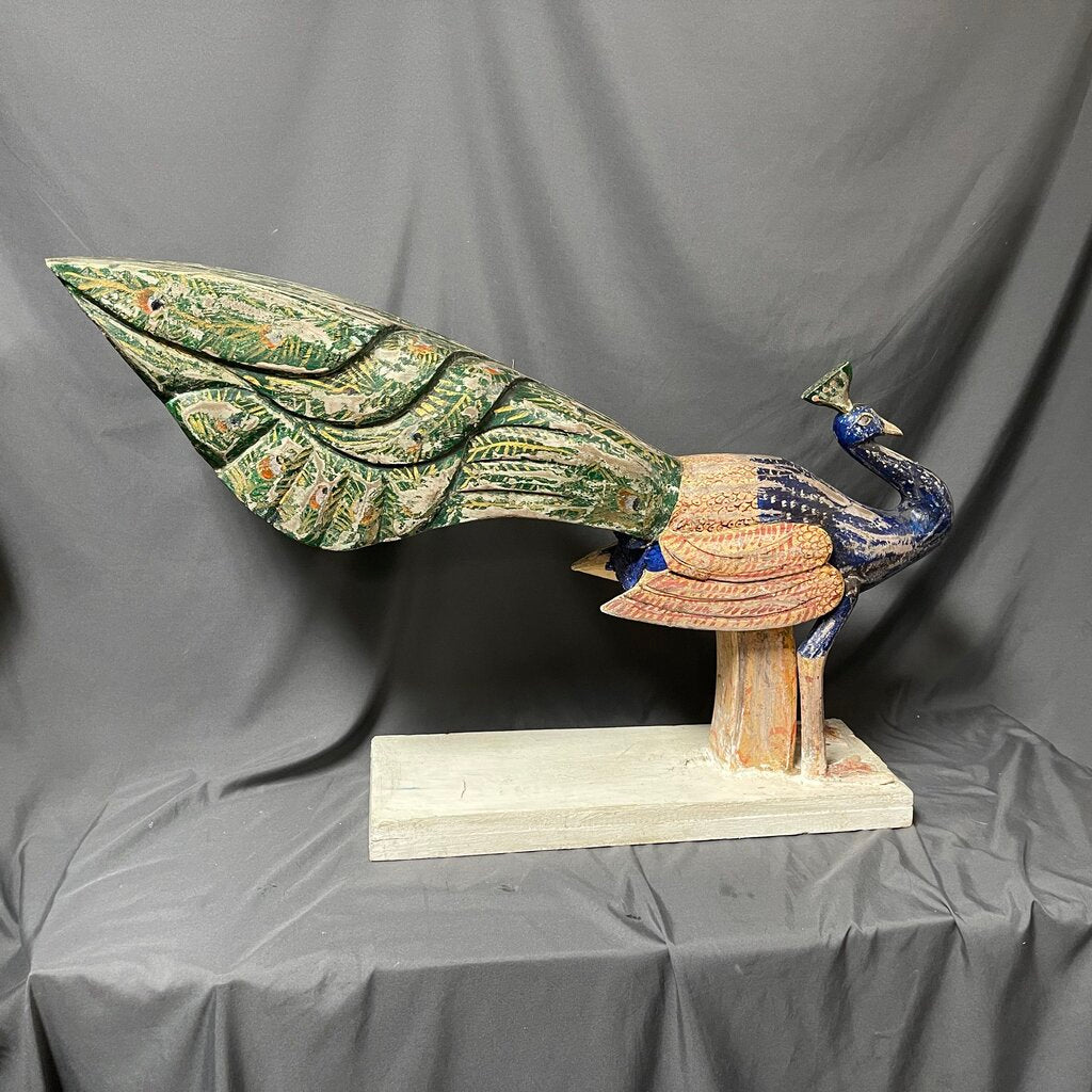 Rustic Hand Painted Wood Peacock Carving