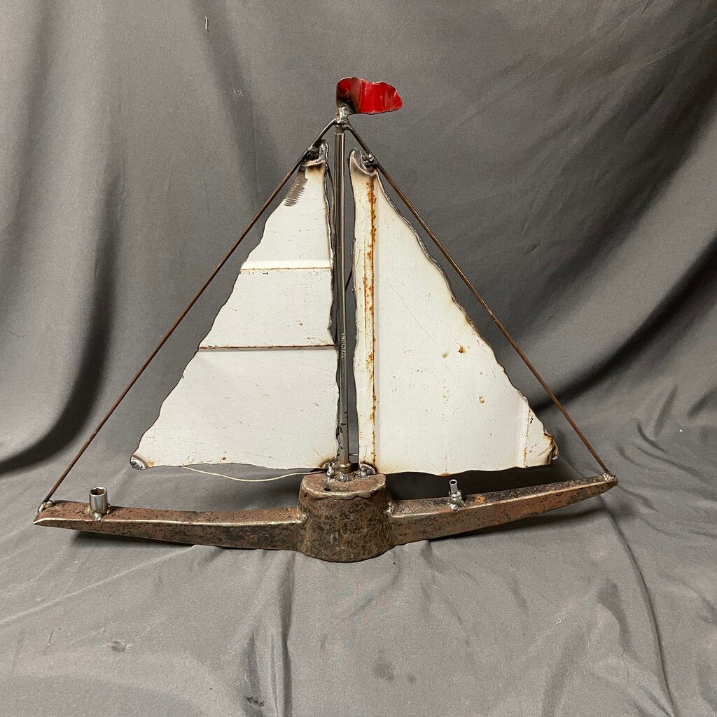 Upcycled Metal Pickaxe Sailboat Sculpture