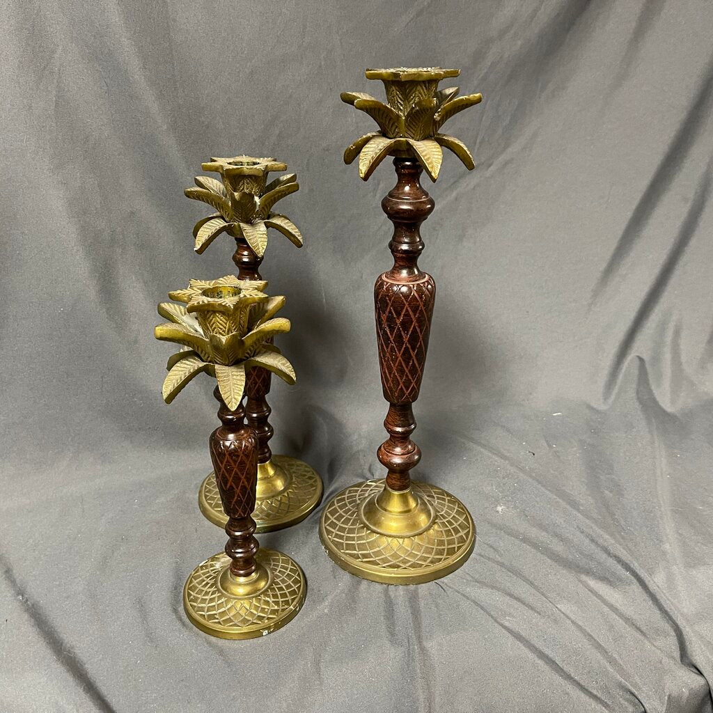 Set/3 Wood + Brass Pineapple Candleholders