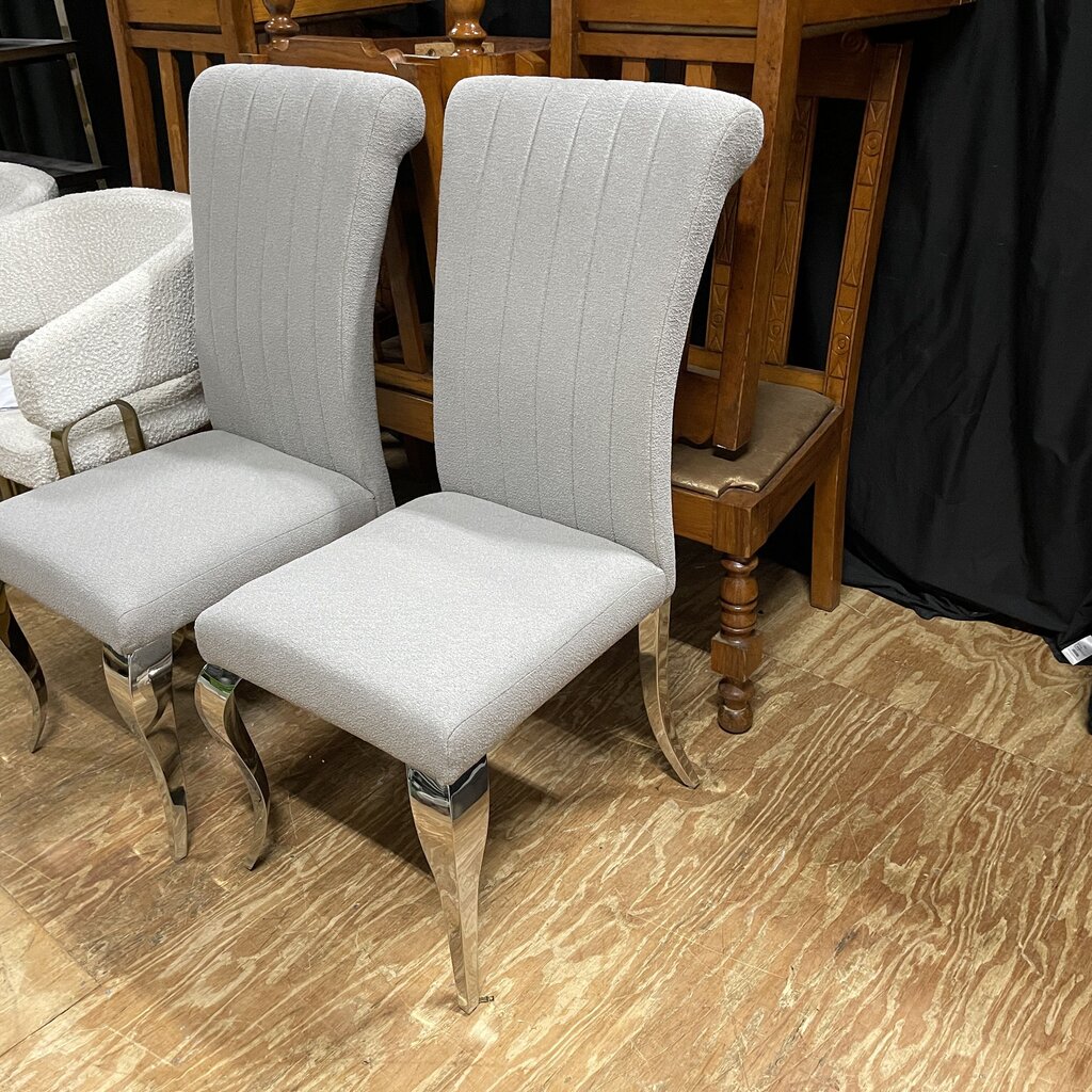 *NEW* Pair Boucle Channel Back Chairs w/Silver Metal Legs