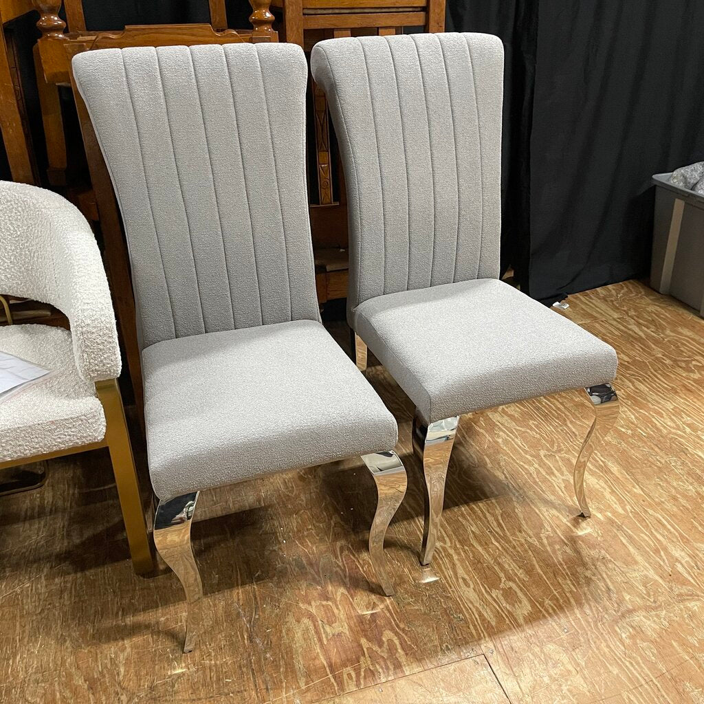 *NEW* Pair Boucle Channel Back Chairs w/Silver Metal Legs