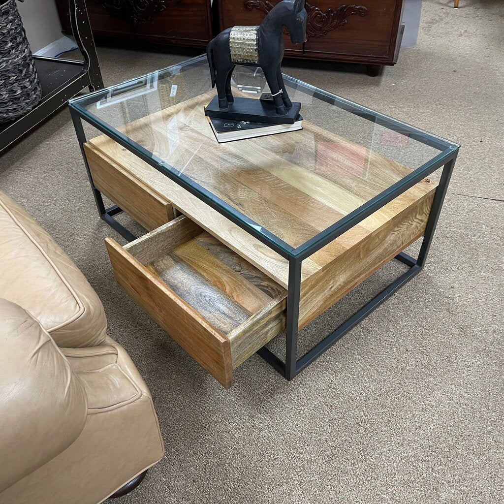 Wood + Glass Box Frame Coffee Table w/Storage