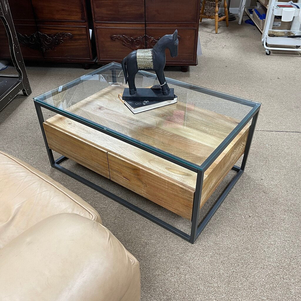 Wood + Glass Box Frame Coffee Table w/Storage