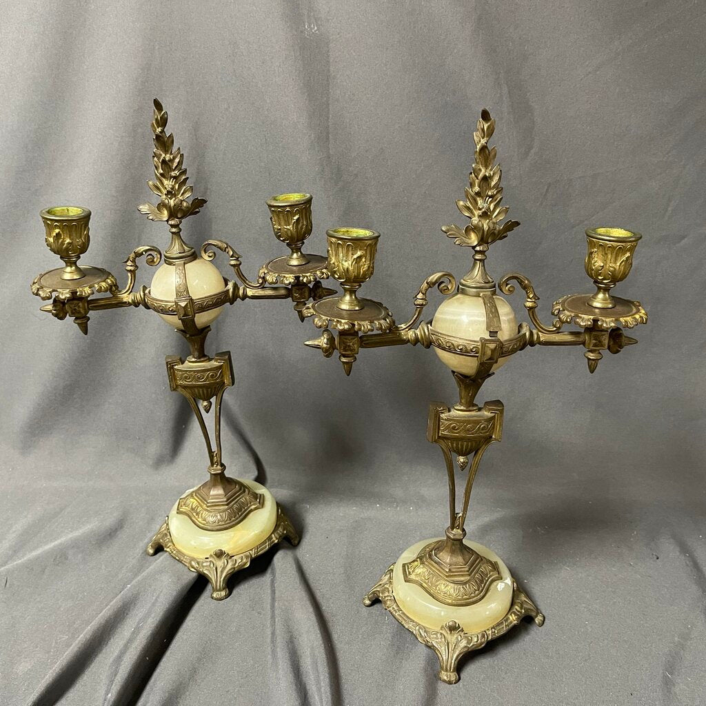 Pair Vintage Gilt + Alabaster Candelabras